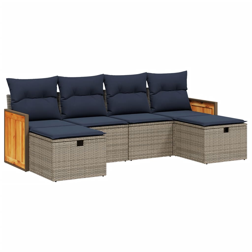 6-tlg. Garten-Sofagarnitur mit Kissen Grau Poly Rattan