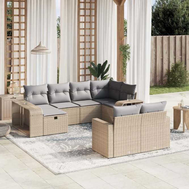 vidaXL 10-tlg. Garten-Sofagarnitur mit Kissen Schwarz Poly Rattan