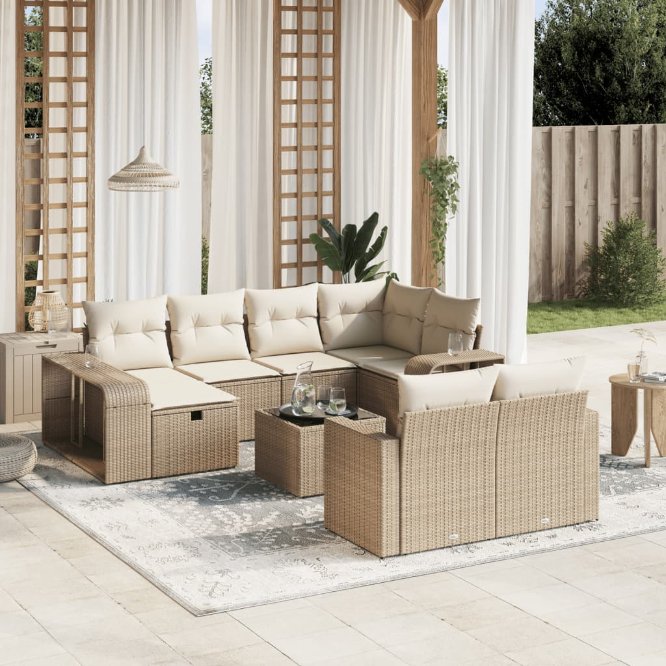 vidaXL 10-tlg. Garten-Sofagarnitur mit Kissen Schwarz Poly Rattan