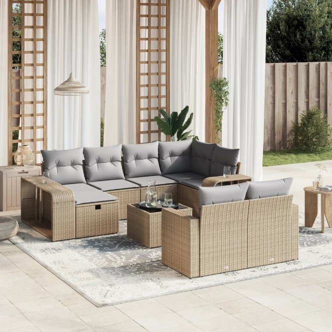 vidaXL 10-tlg. Garten-Sofagarnitur mit Kissen Schwarz Poly Rattan