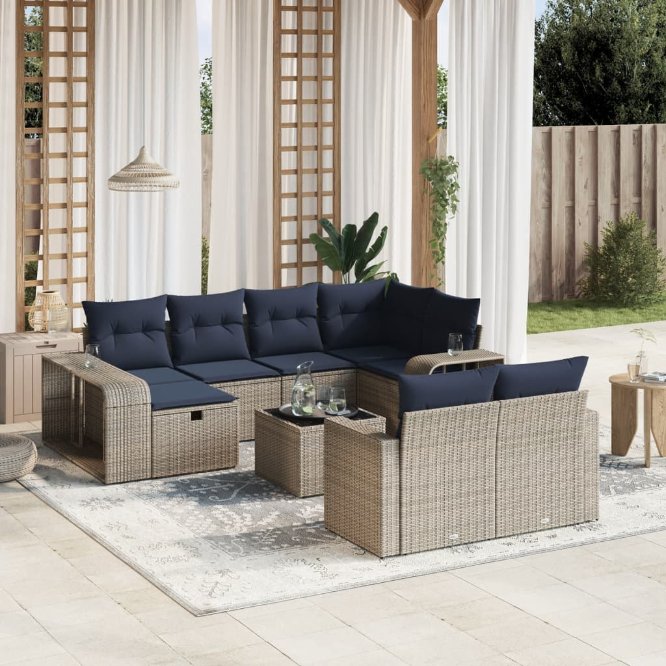 vidaXL 10-tlg. Garten-Sofagarnitur mit Kissen Grau Poly Rattan