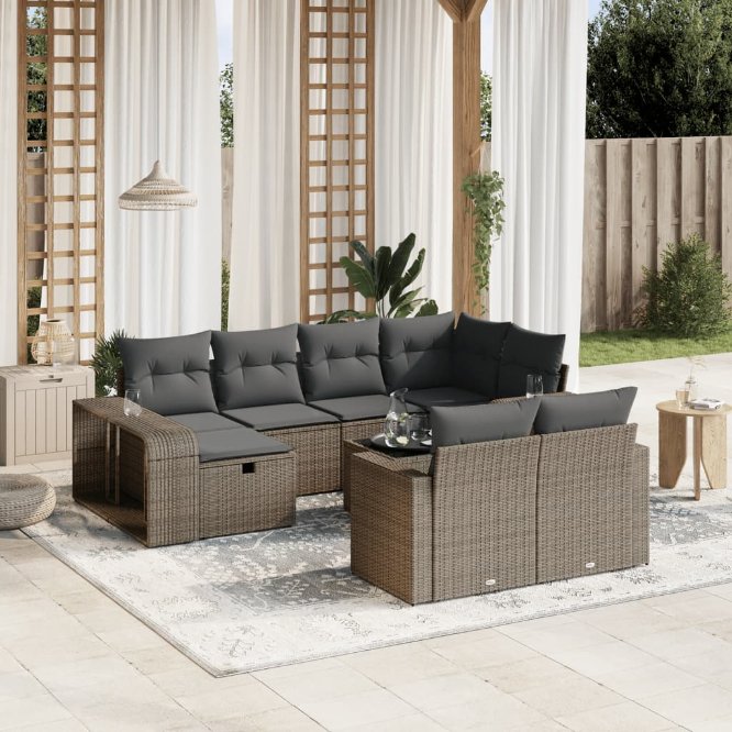 vidaXL 10-tlg. Garten-Sofagarnitur mit Kissen Schwarz Poly Rattan
