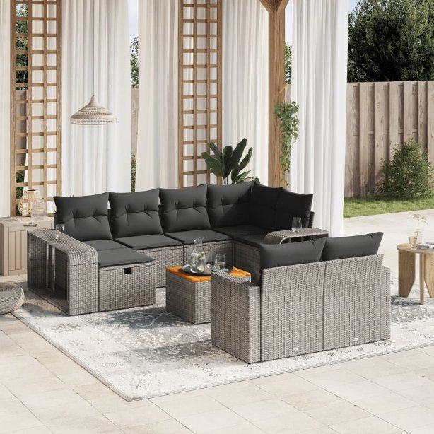 vidaXL 11-tlg. Garten-Sofagarnitur mit Kissen Schwarz Poly Rattan