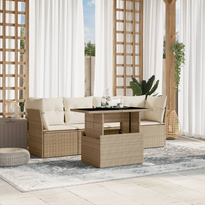 5-tlg. Garten-Sofagarnitur mit Kissen Schwarz Poly Rattan