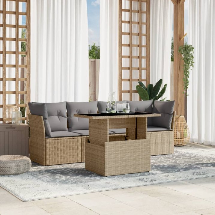 5-tlg. Garten-Sofagarnitur mit Kissen Schwarz Poly Rattan