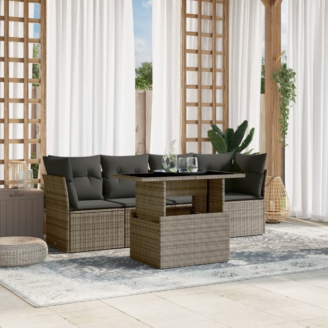 5-tlg. Garten-Sofagarnitur mit Kissen Schwarz Poly Rattan
