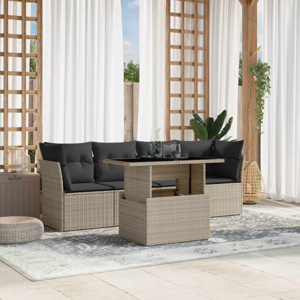 5-tlg. Garten-Sofagarnitur mit Kissen Schwarz Poly Rattan