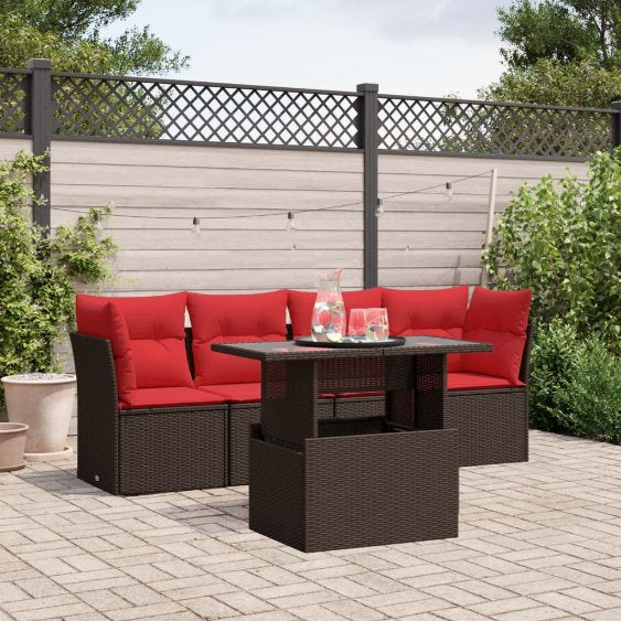 5-teiliges Gartensofa-Set mit Kissen, schwarzes Polyrattan