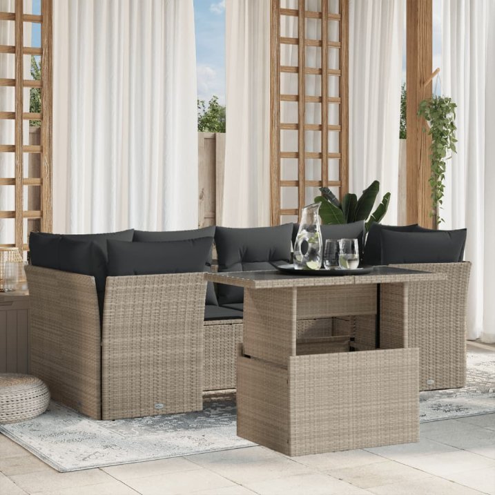 7-tlg. Garten-Sofagarnitur mit Kissen Schwarz Poly Rattan