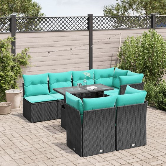 8-teiliges Gartensofa-Set mit Kissen, schwarzes Polyrattan