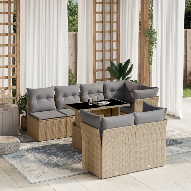 8-tlg. Garten-Sofagarnitur mit Kissen Schwarz Poly Rattan