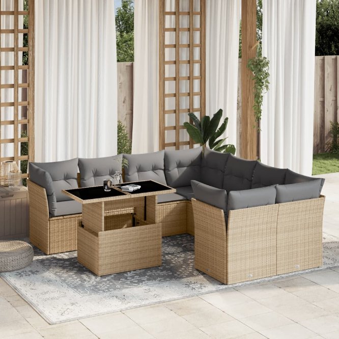 9-tlg. Garten-Sofagarnitur mit Kissen Schwarz Poly Rattan