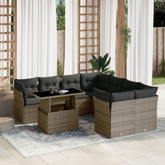 9-tlg. Garten-Sofagarnitur mit Kissen Schwarz Poly Rattan