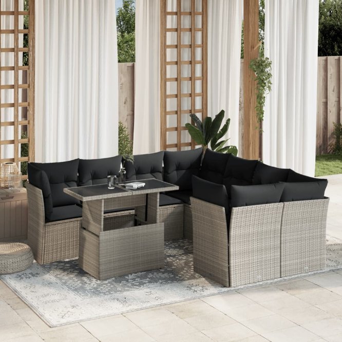 9-tlg. Garten-Sofagarnitur mit Kissen Schwarz Poly Rattan