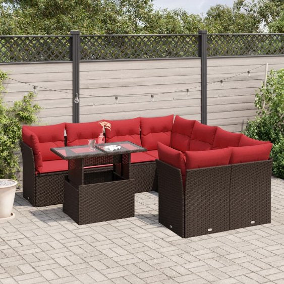 9-teiliges Gartensofa-Set mit Kissen, schwarzes Polyrattan