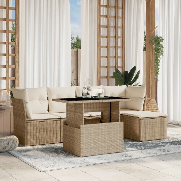 6-tlg. Garten-Sofagarnitur mit Kissen Schwarz Poly Rattan