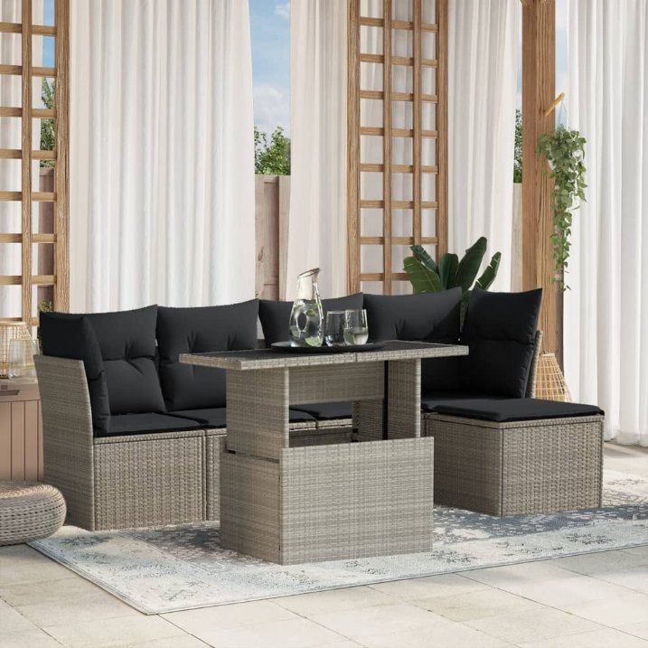 6-tlg. Garten-Sofagarnitur mit Kissen Schwarz Poly Rattan