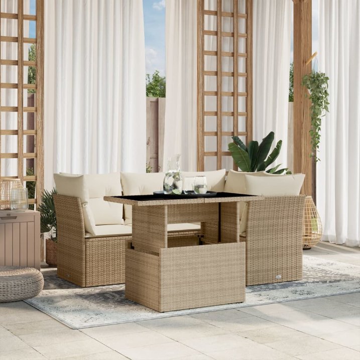 5-tlg. Garten-Sofagarnitur mit Kissen Schwarz Poly Rattan