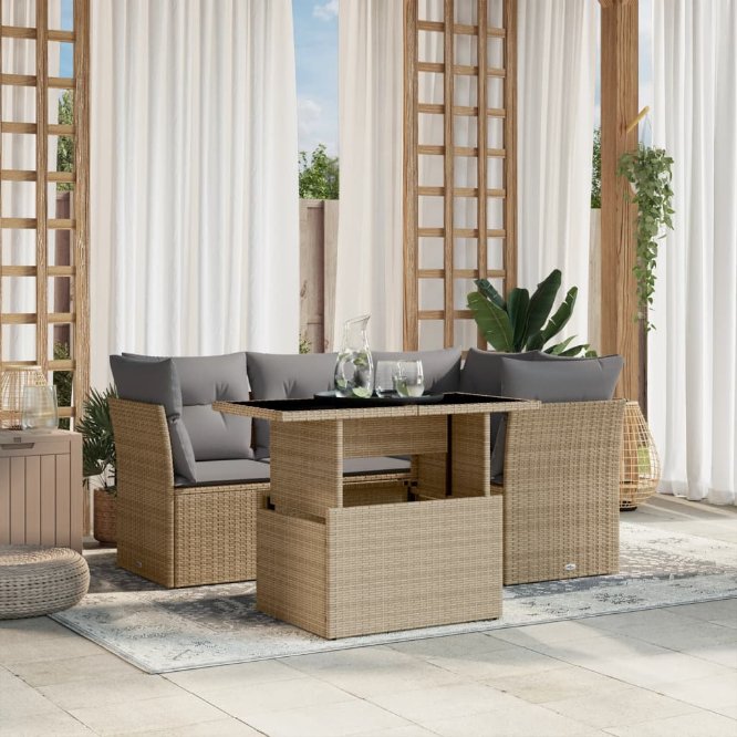 5-tlg. Garten-Sofagarnitur mit Kissen Schwarz Poly Rattan