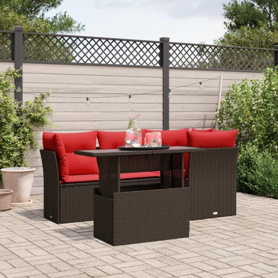5-teiliges Gartensofa-Set mit Kissen, schwarzes Polyrattan