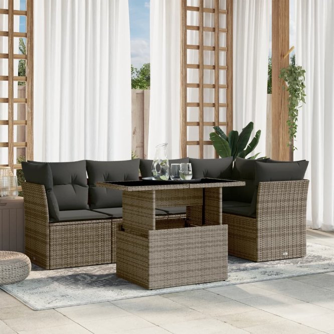 6-tlg. Garten-Sofagarnitur mit Kissen Schwarz Poly Rattan