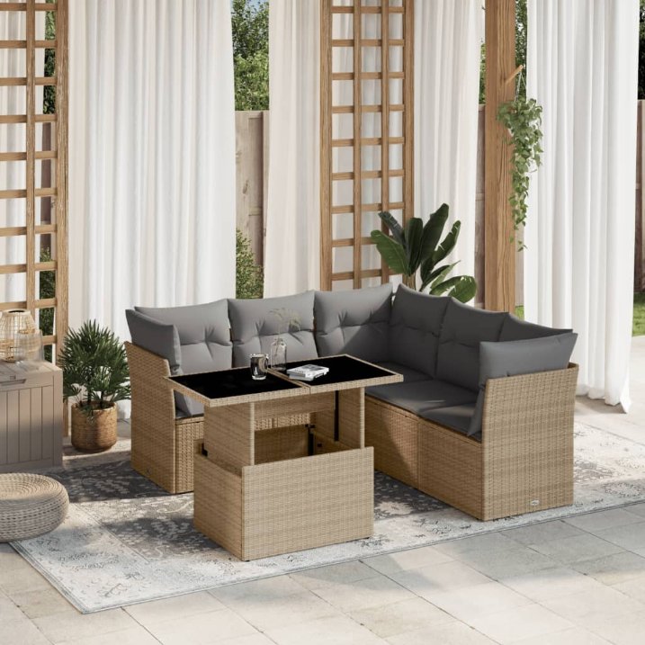 6-tlg. Garten-Sofagarnitur mit Kissen Schwarz Poly Rattan