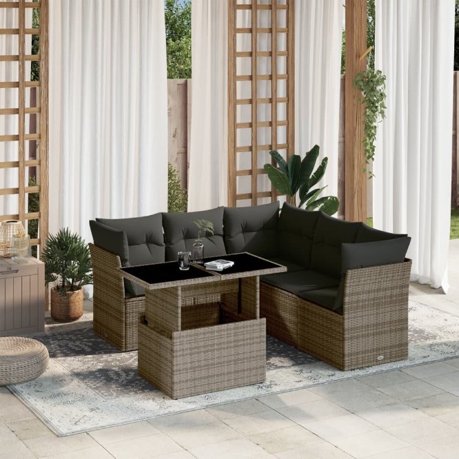 6-tlg. Garten-Sofagarnitur mit Kissen Schwarz Poly Rattan