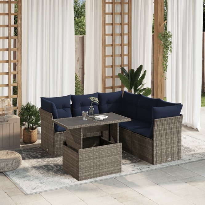 6-teiliges Gartensofa-Set mit Kissen, schwarzes Polyrattan