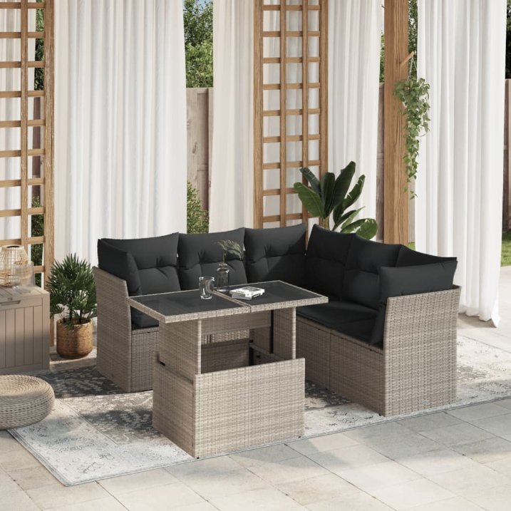 6-tlg. Garten-Sofagarnitur mit Kissen Schwarz Poly Rattan