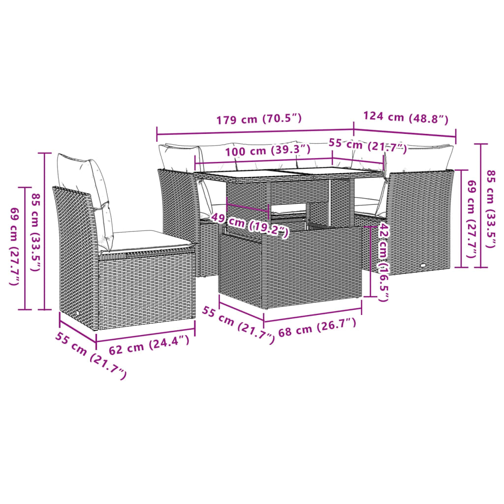 6-teiliges Gartensofa-Set mit Kissen, schwarzes Polyrattan