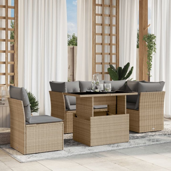 6-tlg. Garten-Sofagarnitur mit Kissen Schwarz Poly Rattan