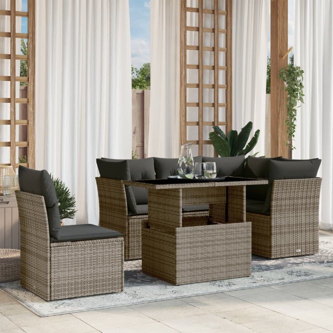 6-tlg. Garten-Sofagarnitur mit Kissen Schwarz Poly Rattan
