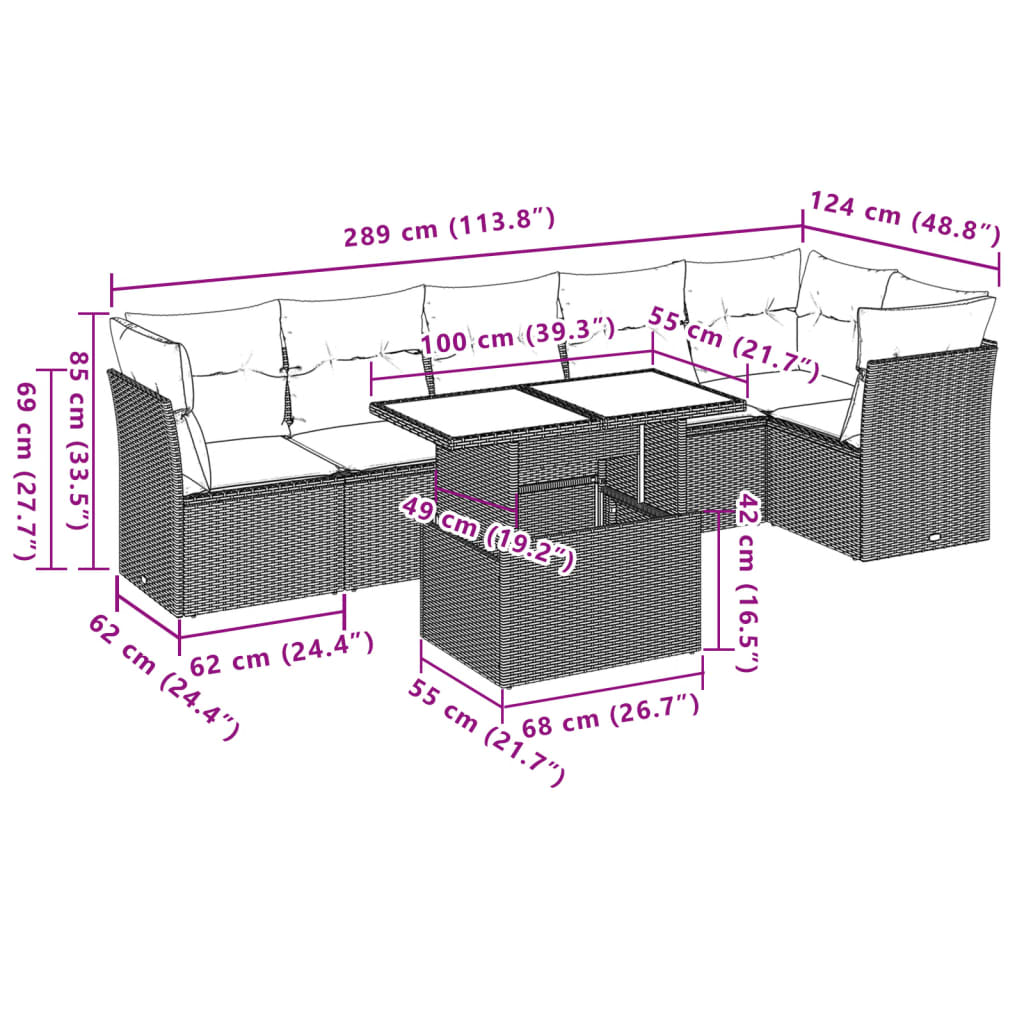 7-teiliges Gartensofa-Set mit Kissen, schwarzes Polyrattan