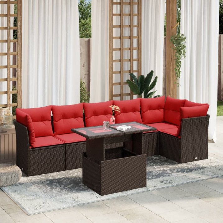7-teiliges Gartensofa-Set mit Kissen, schwarzes Polyrattan