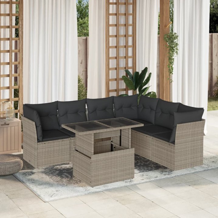 7-tlg. Garten-Sofagarnitur mit Kissen Schwarz Poly Rattan