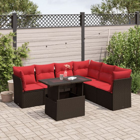 7-teiliges Gartensofa-Set mit Kissen, schwarzes Polyrattan