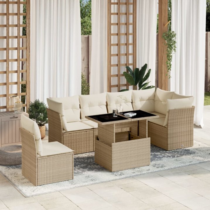 7-tlg. Garten-Sofagarnitur mit Kissen Schwarz Poly Rattan