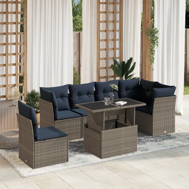 7-teiliges Gartensofa-Set mit Kissen, schwarzes Polyrattan