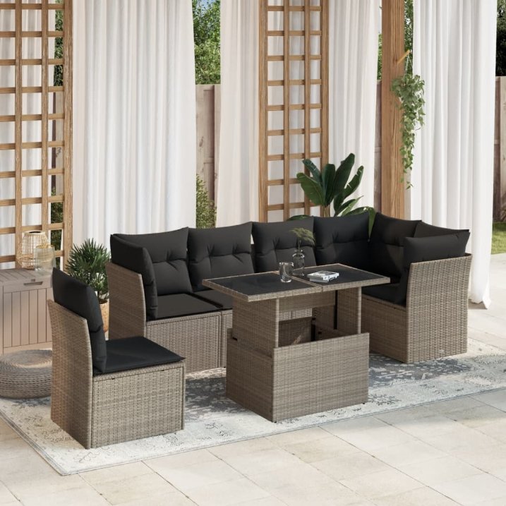7-tlg. Garten-Sofagarnitur mit Kissen Schwarz Poly Rattan