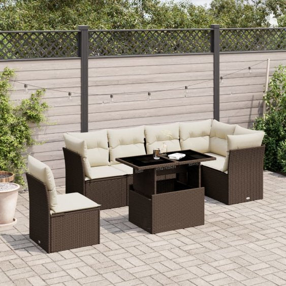 7-tlg. Garten-Sofagarnitur mit Kissen Schwarz Poly Rattan