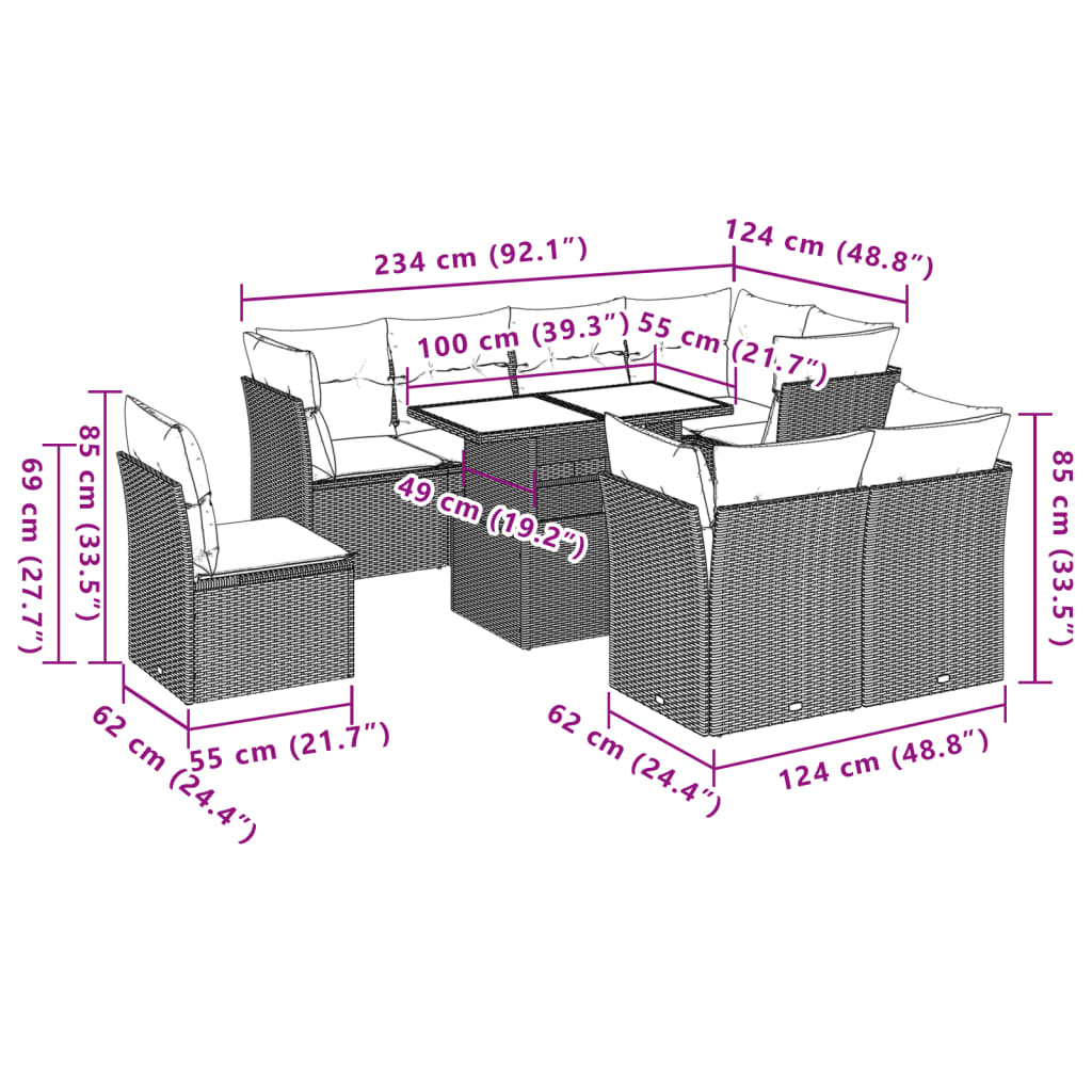 9-teiliges Gartensofa-Set mit Kissen, schwarzes Polyrattan