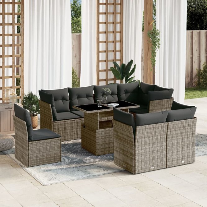 9-tlg. Garten-Sofagarnitur mit Kissen Schwarz Poly Rattan