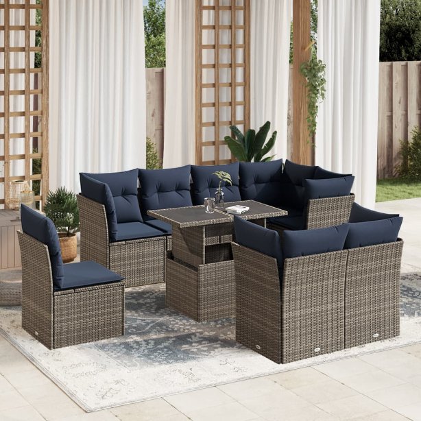 9-teiliges Gartensofa-Set mit Kissen, schwarzes Polyrattan