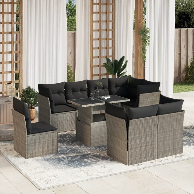9-tlg. Garten-Sofagarnitur mit Kissen Schwarz Poly Rattan