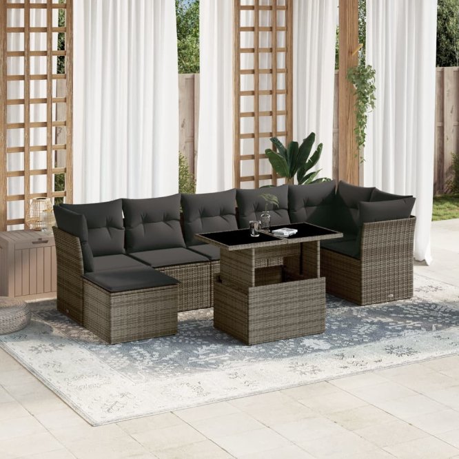 8-tlg. Garten-Sofagarnitur mit Kissen Schwarz Poly Rattan