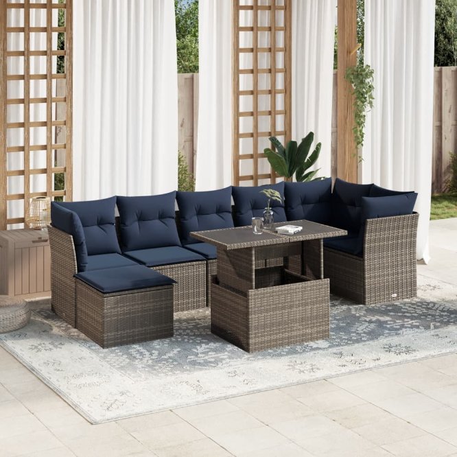 8-teiliges Gartensofa-Set mit Kissen, schwarzes Polyrattan