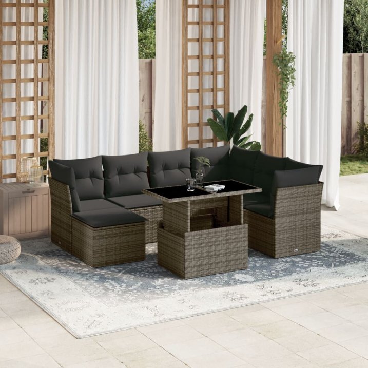 8-tlg. Garten-Sofagarnitur mit Kissen Schwarz Poly Rattan