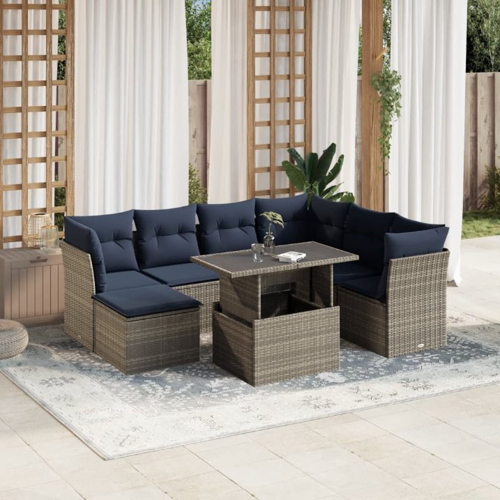 8-teiliges Gartensofa-Set mit Kissen, schwarzes Polyrattan