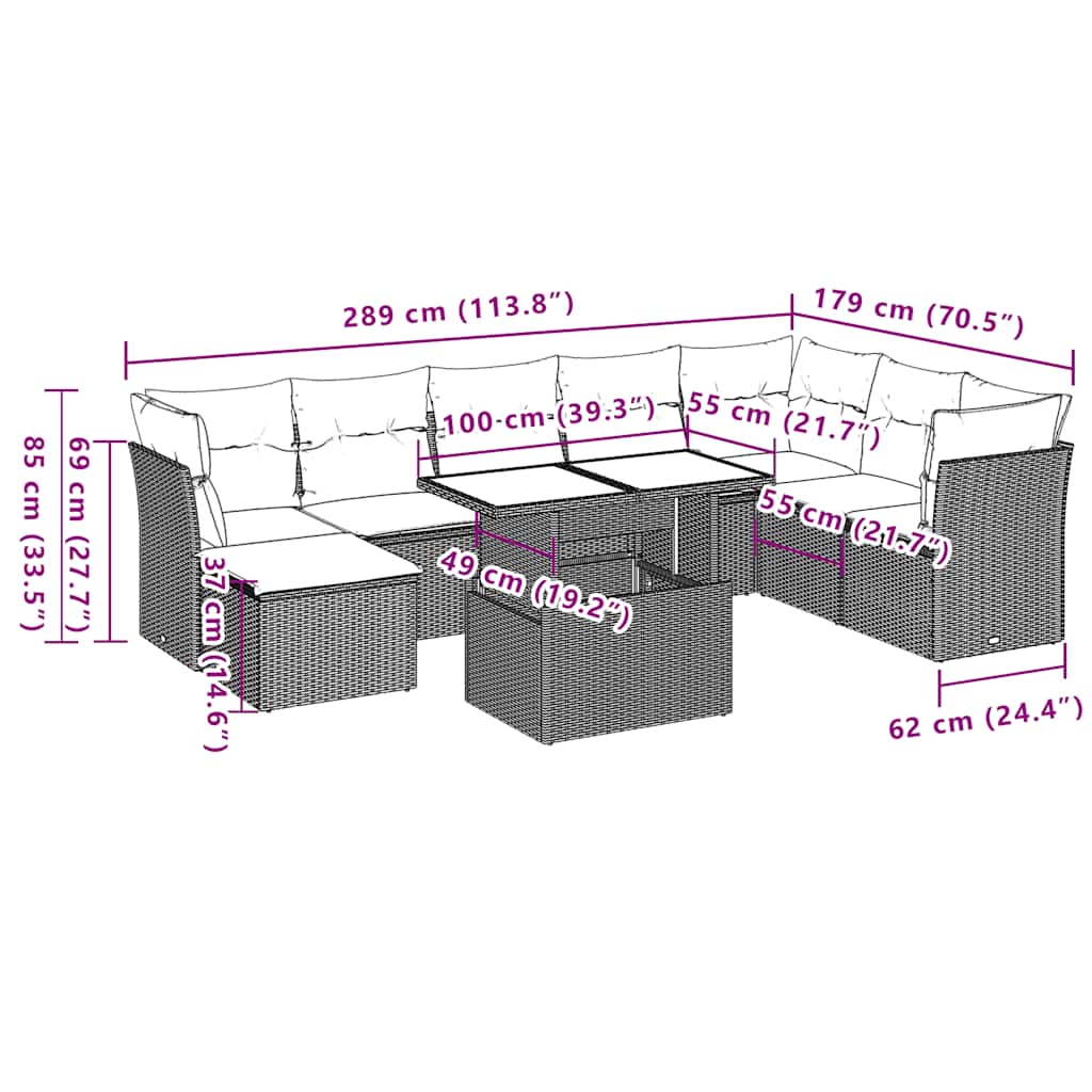 9-teiliges Gartensofa-Set mit Kissen, schwarzes Polyrattan
