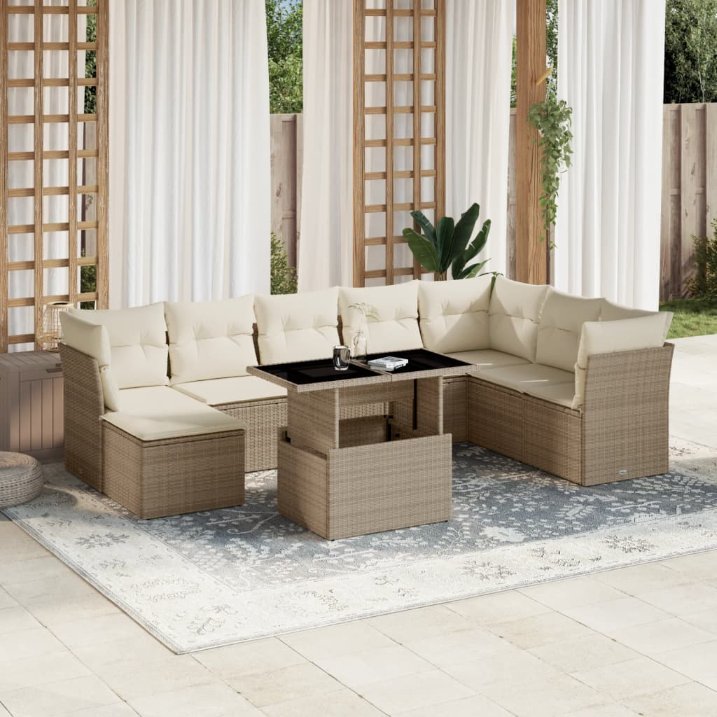 9-tlg. Garten-Sofagarnitur mit Kissen Schwarz Poly Rattan